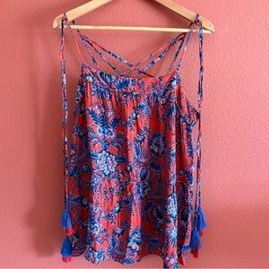 LOFT Women’s Red & Blue Floral Print Sleeveless Cami Top With Tassels Size L